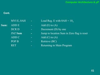 Computer Architecture & µP
52
MVI E, 0AH - Load Reg. E with 0AH = 1010
Sum: ADD E - Add (E) to (A)
DCR D - Decrement (D) by one
JNZ Sum - Jump to location Sum in Zero flag is reset
ADD C - Add (C) to (A)
POP B - Retrieve (BC)
RET - Returning to Main Program
Cont.
 