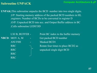 Computer Architecture & µP
57
Subroutine UNPACK
UNPAK;This subroutine unpacks the BCD number into two single digits.
;I/P: Starting memory address of the packed BCD numbers in HL
;registers: Number of BCDs to be converted in register D
;O/P: Unpacked BCD into acc. and Output Buffer address in BC
;Calls subroutine LEDCOD
LXI B, BUFFER - Point BC index to the buffer memory
NBCD: MOV A, M - Get packed BCD number
ANI F0H - Masked BCD1
RRC Rotate four times to place BCD2 as
RRC unpacked single digit BCD
RRC
RRC
 