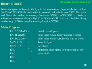 Computer Architecture & µP
60
Binary to ASCII
Write a program to Transfer the byte to the accumulator, Separate the two nibbles
(as 09 and 0F). Call the subroutine to convert each nibble into ASCII Hex code
and Store the codes in memory locations XX60H AND XX61H. Write a
subroutine to convert a binary digit (0 to F) into ASCII Hex code.. An 8-bit binary
number (e.g., 9FH) is stored in memory location XX50H.
Main Program
LXI SP, STACK - Initialize stack pointer
LXI H, XX50H - Point index where binary number is stored
LXI D, XX60H - Point index where ASCII code is to be stored
MOV A, M - Transfer byte
MOV B, A - Save byte
RRC Shift high-order nibble to the position of low-
RRC order nibble
RRC
RRC
 