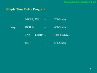 Computer Architecture & µP
8
Simple Time Delay Program
MVI B, 77H - 7 T-States
Loop: DCR B - 4 T-States
JNZ LOOP - 10/7 T-States
HLT - 5 T-States
 