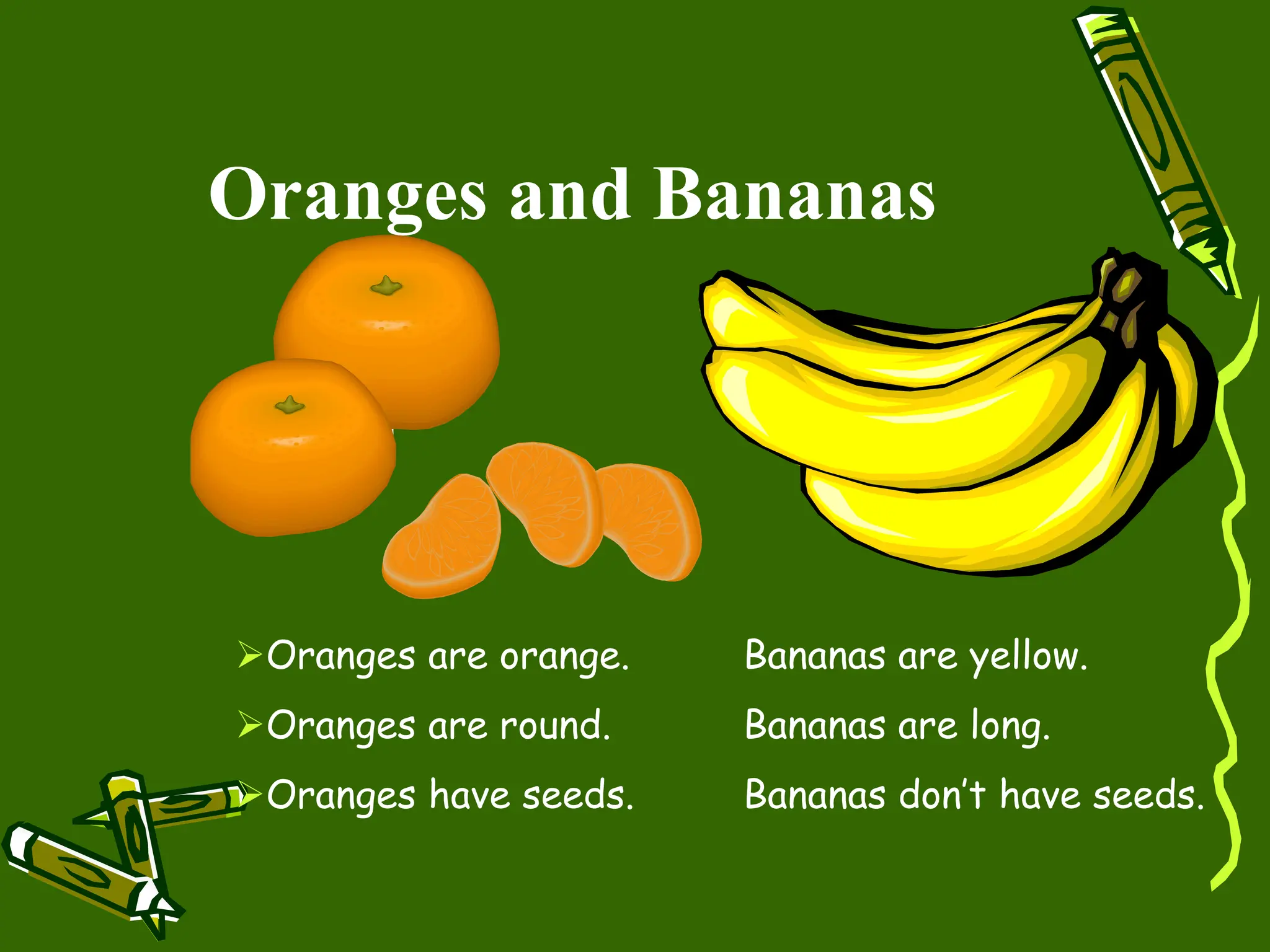 Oranges and Bananas
Oranges are orange. Bananas are yellow.
Oranges are round. Bananas are long.
Oranges have seeds. Bananas don’t have seeds.
 