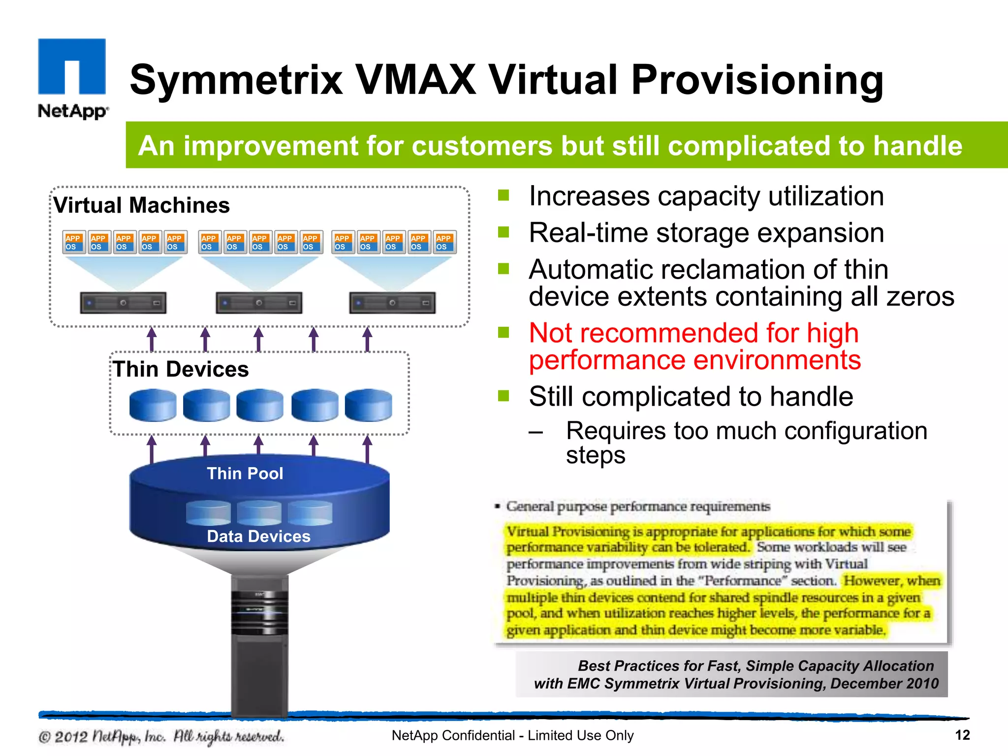 Symmetrix VMAX Virtual Provisioning
 Increases capacity utilization
 Real-time storage expansion
 Automatic reclamation of thin
device extents containing all zeros
 Not recommended for high
performance environments
 Still complicated to handle
– Requires too much configuration
steps
12
An improvement for customers but still complicated to handle
Thin Pool
Data Devices
Virtual Machines
Thin Devices
APP
OS
APP
OS
APP
OS
APP
OS
APP
OS
APP
OS
APP
OS
APP
OS
APP
OS
APP
OS
APP
OS
APP
OS
APP
OS
APP
OS
APP
OS
Best Practices for Fast, Simple Capacity Allocation
with EMC Symmetrix Virtual Provisioning, December 2010
NetApp Confidential - Limited Use Only
 