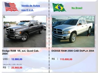 12.980,00 25.960,00 115.000,00 Dodge RAM  V8, aut, Quad Cab.  2004 DODGE RAM 2500 CAB DUPLA 2004 