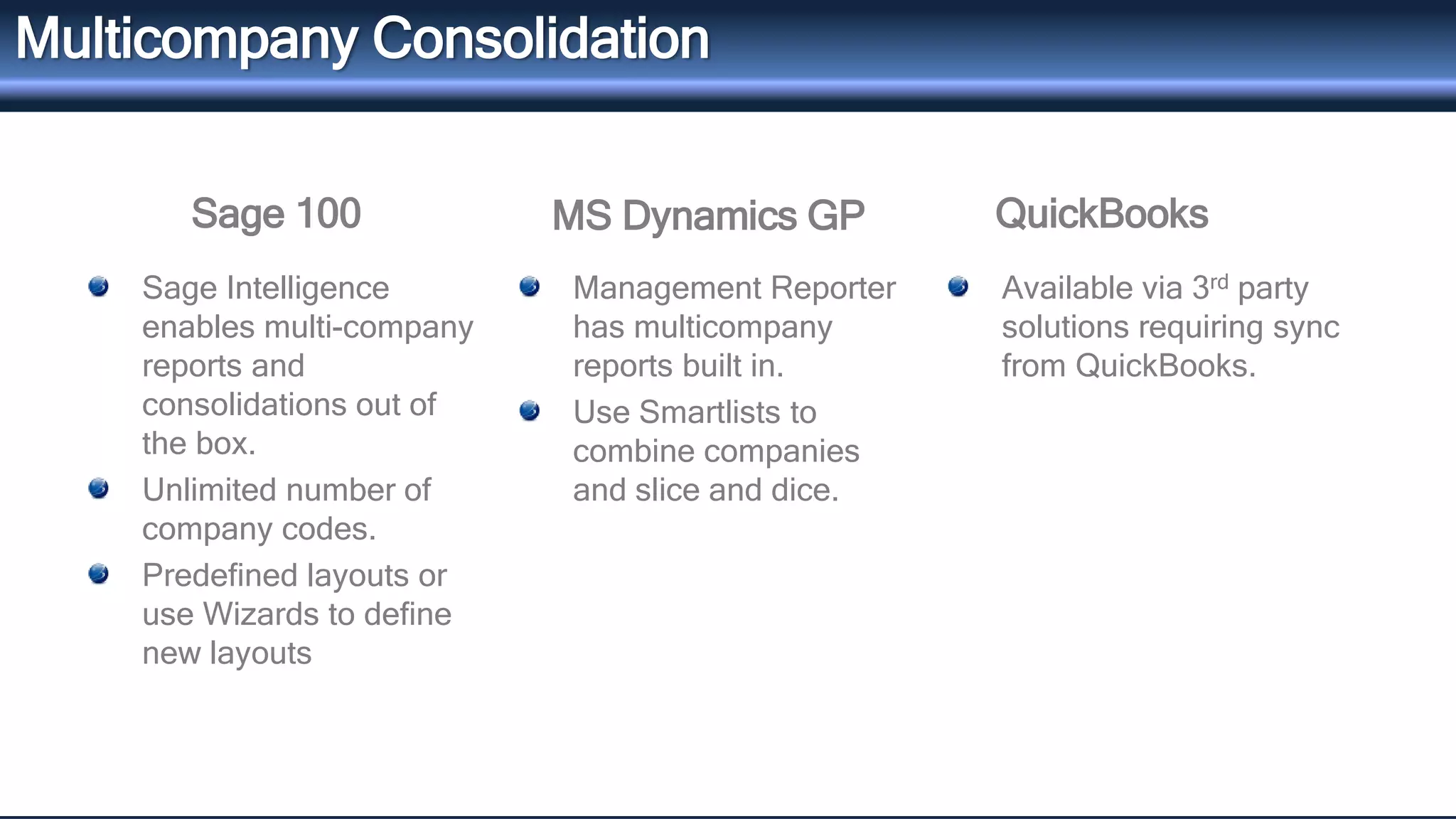 QuickBooks 
Multicompany Consolidation 
Sage 100 MS Dynamics GP 
Sage Intelligence 
enables multi-company 
reports and 
consolidations out of 
the box. 
Unlimited number of 
company codes. 
Predefined layouts or 
use Wizards to define 
new layouts 
Management Reporter 
has multicompany 
reports built in. 
Use Smartlists to 
combine companies 
and slice and dice. 
Available via 3rd party 
solutions requiring sync 
from QuickBooks. 
 