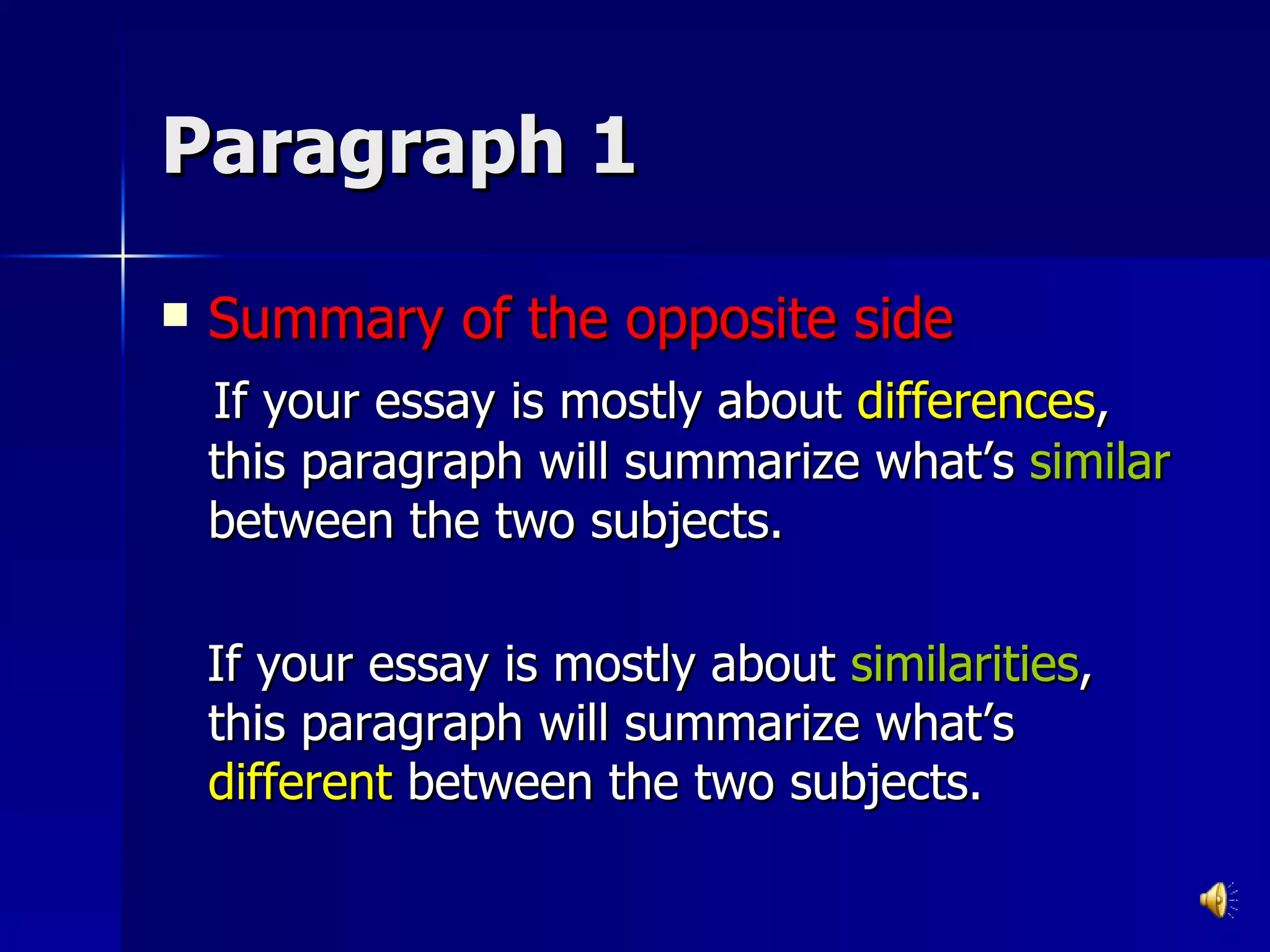 Paragraph 1 Summary of the opposite side If your essay is mostly about  differences , this paragraph will summarize what’s  similar  between the two subjects. If your essay is mostly about  similarities , this paragraph will summarize what’s  different  between the two subjects. 