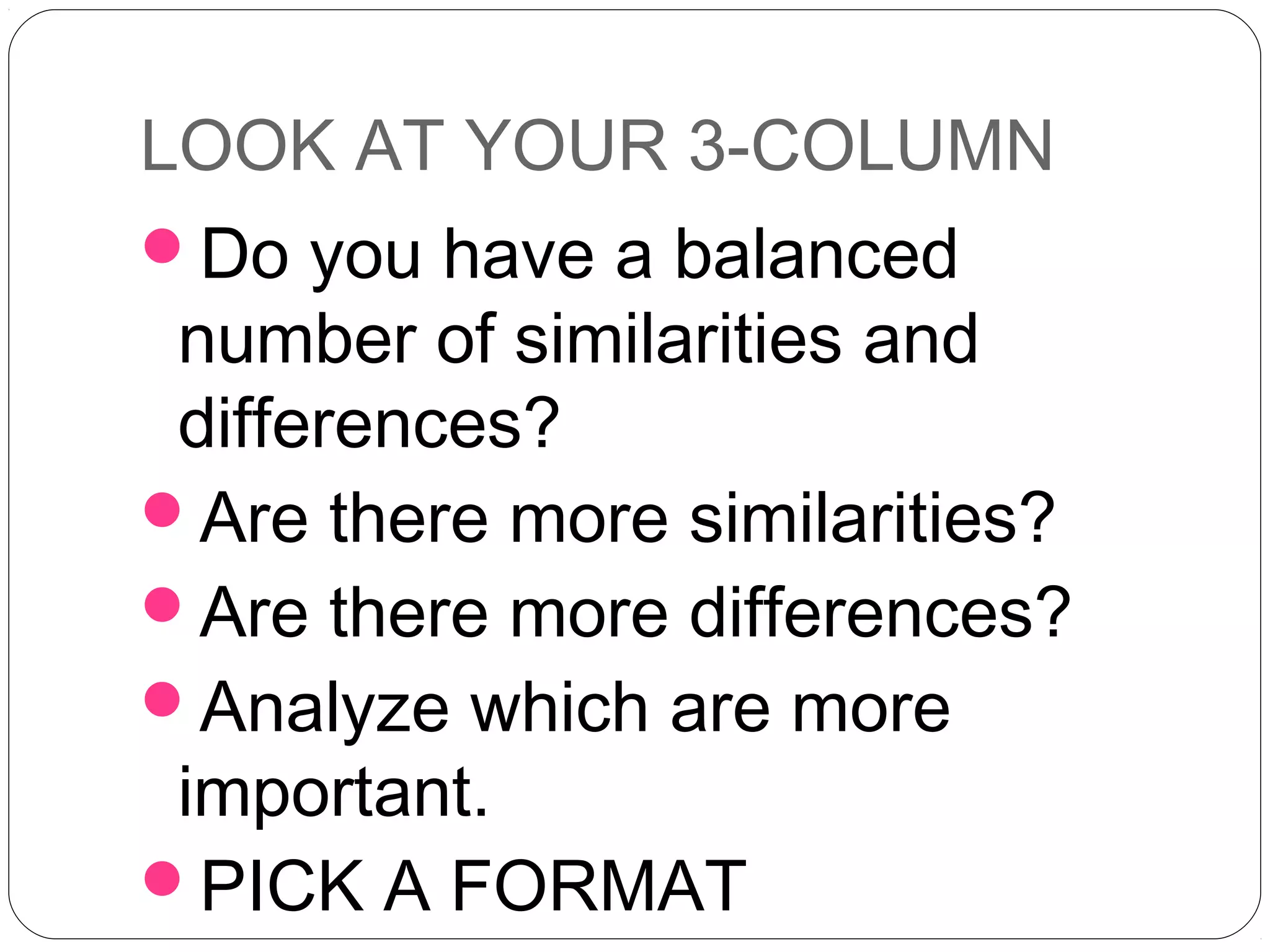 LOOK AT YOUR 3-COLUMN
Do you have a balanced
 number of similarities and
 differences?
Are there more similarities?
Are there more differences?
Analyze which are more
 important.
PICK A FORMAT
 