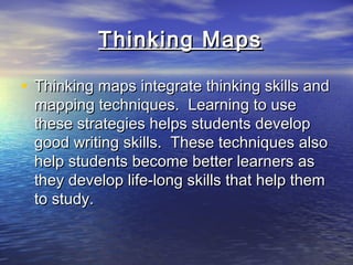 Thinking Maps
• Thinking maps integrate thinking skills and
mapping techniques. Learning to use
these strategies helps students develop
good writing skills. These techniques also
help students become better learners as
they develop life-long skills that help them
to study.

 