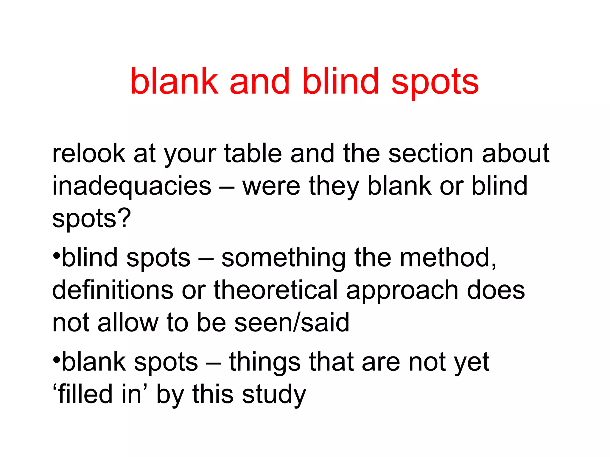 blank and blind spots
relook at your table and the section about
inadequacies – were they blank or blind
spots?
•blind spots – something the method,
definitions or theoretical approach does
not allow to be seen/said
•blank spots – things that are not yet
‘filled in’ by this study
 