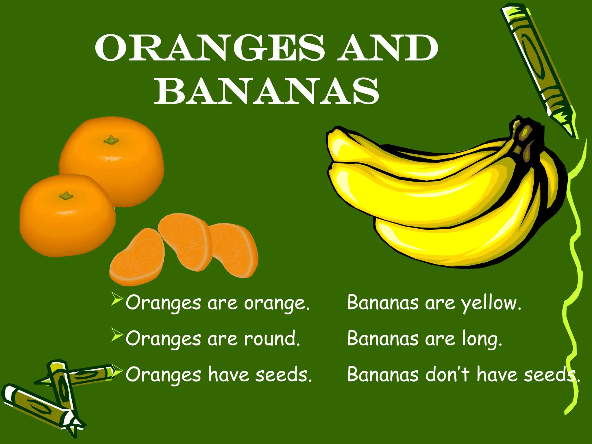 Oranges and
Bananas
Oranges are orange. Bananas are yellow.
Oranges are round. Bananas are long.
Oranges have seeds. Bananas don’t have seeds.
 