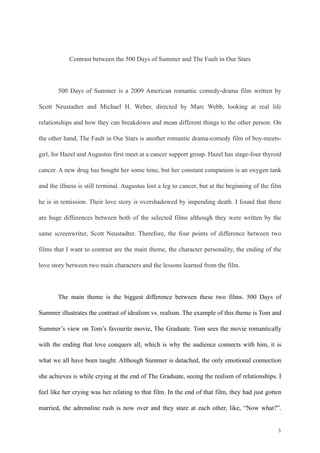 ! 
Contrast between the 500 Days of Summer and The Fault in Our Stars 
! 
500 Days of Summer is a 2009 American romantic comedy-drama film written by 
Scott Neustadter and Michael H. Weber, directed by Marc Webb, looking at real life 
relationships and how they can breakdown and mean different things to the other person. On 
the other hand, The Fault in Our Stars is another romantic drama-comedy film of boy-meets-girl, 
for Hazel and Augustus first meet at a cancer support group. Hazel has stage-four thyroid 
cancer. A new drug has bought her some time, but her constant companion is an oxygen tank 
and the illness is still terminal. Augustus lost a leg to cancer, but at the beginning of the film 
he is in remission. Their love story is overshadowed by impending death. I found that there 
are huge differences between both of the selected films although they were written by the 
same screenwriter, Scott Neustadter. Therefore, the four points of difference between two 
films that I want to contrast are the main theme, the character personality, the ending of the 
love story between two main characters and the lessons learned from the film. 
! 
The main theme is the biggest difference between these two films. 500 Days of 
Summer illustrates the contrast of idealism vs. realism. The example of this theme is Tom and 
Summer’s view on Tom’s favourite movie, The Graduate. Tom sees the movie romantically 
with the ending that love conquers all, which is why the audience connects with him, it is 
what we all have been taught. Although Summer is detached, the only emotional connection 
she achieves is while crying at the end of The Graduate, seeing the realism of relationships. I 
feel like her crying was her relating to that film. In the end of that film, they had just gotten 
married, the adrenaline rush is now over and they stare at each other, like, “Now what?”. 
!3 
 