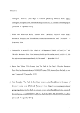 References 
! 
1. veemignon. Analysis: (500) Days of Summer. [Website] Retrieved from: https:// 
veemignon.wordpress.com/2013/04/14/analysis-500-days-of-summer/comment-page-1/ 
[Accessed: 19 September 2014] 
! 
2. Blake Tan. Character Study: Summer Finn. [Website] Retrieved from: http:// 
halfblaked.blogspot.com/2010/08/character-study-summer-finn.html [Accessed: 19 
September 2014] 
! 
3. Straightedge is Beautiful. (500) DAYS OF SUMMER-THOUGHTS AND ANALYSIS. 
[Website] Retrieved from: http://straightedgeisbeautiful.wordpress.com/2011/05/22/500- 
days-of-summer-thoughts-and-analysis/ [Accessed: 19 September 2014] 
! 
4. Karen Hua. Voices: 5 life lessons from 'The Fault in Our Stars’. [Website] Retrieved 
from: http://college.usatoday.com/2014/06/07/voices-5-life-lessons-from-the-fault-in-our-stars/ 
[Accessed: 19 September 2014] 
! 
5. Ann Hornaday. ‘The Fault In Our Stars’ review: A terrific addition to the canon of 
doomed young love. [Website] Retrieved from: http://www.washingtonpost.com/ 
goingoutguide/movies/the-fault-in-our-stars-review-a-terrific-addition-to-the-canon-of-doomed- 
young-love/2014/06/04/6e35c38e-ebe8-11e3-b98c-72cef4a00499_story.html 
[Accessed: 19 September 2014] 
! 
!7 
 