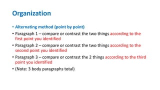 Organization
• Alternating method (point by point)
• Paragraph 1 – compare or contrast the two things according to the
first point you identified
• Paragraph 2 – compare or contrast the two things according to the
second point you identified
• Paragraph 3 – compare or contrast the 2 things according to the third
point you identified
• (Note: 3 body paragraphs total)
 