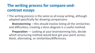 The writing process for compare-and-
contrast essays
• The writing process is the same as all essay writing, although
adapted specifically for drawing comparisons:
• 1 Brainstorming —this should involve listing all the similarities
and difficulties; creating a Venn diagram is a useful method.
• 2 Preparation — Looking at your brainstorming lists, decide
which structuring method would best get your point across:
block, alternating, or similarities/differences.
 