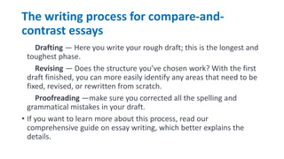 The writing process for compare-and-
contrast essays
• 3 Drafting — Here you write your rough draft; this is the longest and
toughest phase.
• 4 Revising — Does the structure you’ve chosen work? With the first
draft finished, you can more easily identify any areas that need to be
fixed, revised, or rewritten from scratch.
• 5 Proofreading —make sure you corrected all the spelling and
grammatical mistakes in your draft.
• If you want to learn more about this process, read our
comprehensive guide on essay writing, which better explains the
details.
 