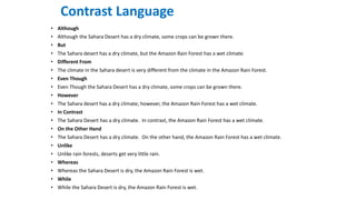 Contrast Language
• Although
• Although the Sahara Desert has a dry climate, some crops can be grown there.
• But
• The Sahara desert has a dry climate, but the Amazon Rain Forest has a wet climate.
• Different From
• The climate in the Sahara desert is very different from the climate in the Amazon Rain Forest.
• Even Though
• Even Though the Sahara Desert has a dry climate, some crops can be grown there.
• However
• The Sahara desert has a dry climate; however, the Amazon Rain Forest has a wet climate.
• In Contrast
• The Sahara Desert has a dry climate. In contrast, the Amazon Rain Forest has a wet climate.
• On the Other Hand
• The Sahara Desert has a dry climate. On the other hand, the Amazon Rain Forest has a wet climate.
• Unlike
• Unlike rain forests, deserts get very little rain.
• Whereas
• Whereas the Sahara Desert is dry, the Amazon Rain Forest is wet.
• While
• While the Sahara Desert is dry, the Amazon Rain Forest is wet.
 