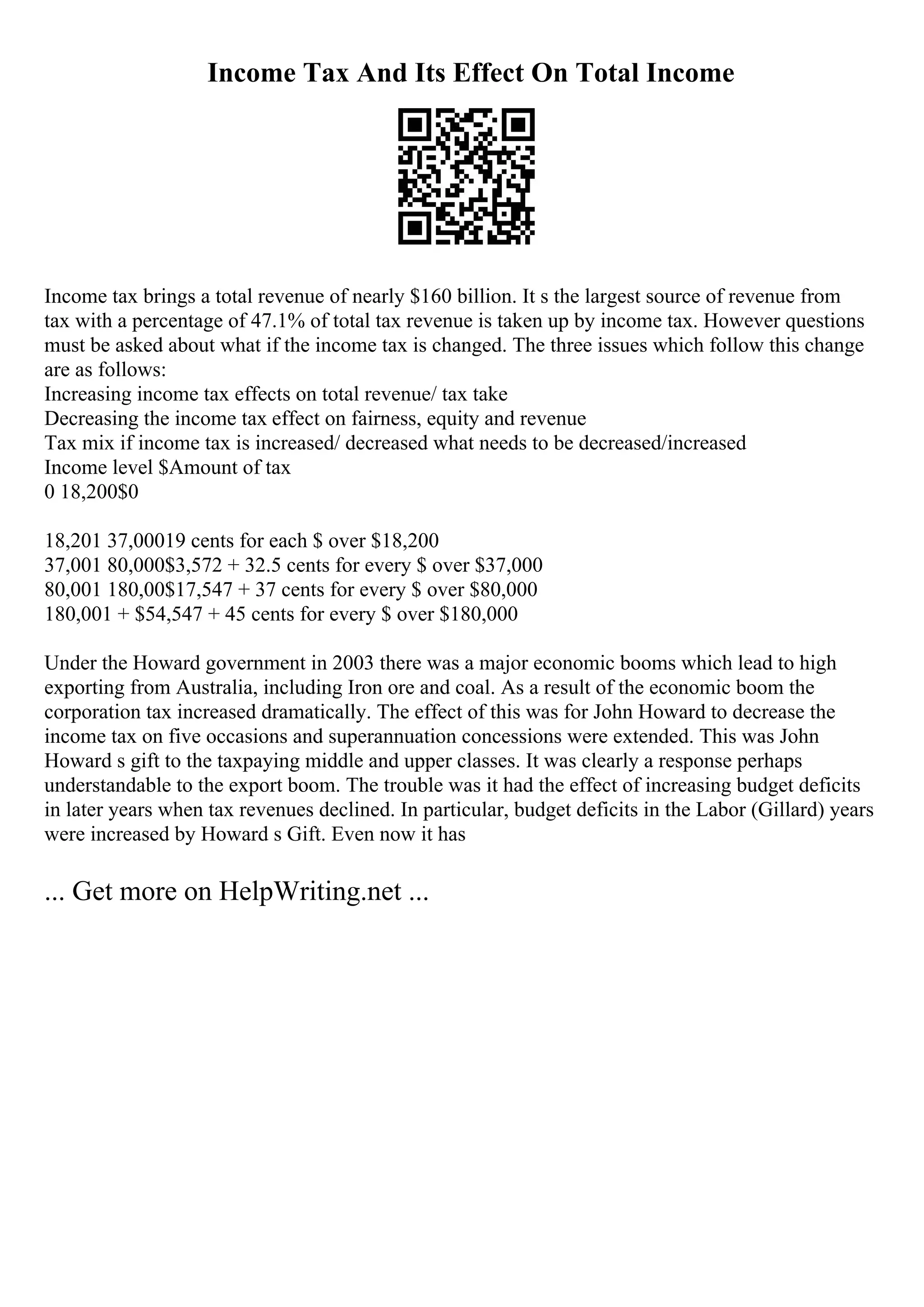 Income Tax And Its Effect On Total Income
Income tax brings a total revenue of nearly $160 billion. It s the largest source of revenue from
tax with a percentage of 47.1% of total tax revenue is taken up by income tax. However questions
must be asked about what if the income tax is changed. The three issues which follow this change
are as follows:
Increasing income tax effects on total revenue/ tax take
Decreasing the income tax effect on fairness, equity and revenue
Tax mix if income tax is increased/ decreased what needs to be decreased/increased
Income level $Amount of tax
0 18,200$0
18,201 37,00019 cents for each $ over $18,200
37,001 80,000$3,572 + 32.5 cents for every $ over $37,000
80,001 180,00$17,547 + 37 cents for every $ over $80,000
180,001 + $54,547 + 45 cents for every $ over $180,000
Under the Howard government in 2003 there was a major economic booms which lead to high
exporting from Australia, including Iron ore and coal. As a result of the economic boom the
corporation tax increased dramatically. The effect of this was for John Howard to decrease the
income tax on five occasions and superannuation concessions were extended. This was John
Howard s gift to the taxpaying middle and upper classes. It was clearly a response perhaps
understandable to the export boom. The trouble was it had the effect of increasing budget deficits
in later years when tax revenues declined. In particular, budget deficits in the Labor (Gillard) years
were increased by Howard s Gift. Even now it has
... Get more on HelpWriting.net ...
 