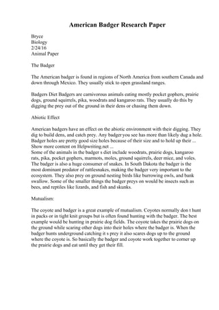 American Badger Research Paper
Bryce
Biology
2/24/16
Animal Paper
The Badger
The American badger is found in regions of North America from southern Canada and
down through Mexico. They usually stick to open grassland ranges.
Badgers Diet Badgers are carnivorous animals eating mostly pocket gophers, prairie
dogs, ground squirrels, pika, woodrats and kangaroo rats. They usually do this by
digging the prey out of the ground in their dens or chasing them down.
Abiotic Effect
American badgers have an effect on the abiotic environment with their digging. They
dig to build dens, and catch prey. Any badgeryou see has more than likely dug a hole.
Badger holes are pretty good size holes because of their size and to hold up their ...
Show more content on Helpwriting.net ...
Some of the animals in the badger s diet include woodrats, prairie dogs, kangaroo
rats, pika, pocket gophers, marmots, moles, ground squirrels, deer mice, and voles.
The badger is also a huge consumer of snakes. In South Dakota the badger is the
most dominant predator of rattlesnakes, making the badger very important to the
ecosystem. They also prey on ground nesting birds like burrowing owls, and bank
swallow. Some of the smaller things the badger preys on would be insects such as
bees, and reptiles like lizards, and fish and skunks.
Mutualism:
The coyote and badger is a great example of mutualism. Coyotes normally don t hunt
in packs or in tight knit groups but is often found hunting with the badger. The best
example would be hunting in prairie dog fields. The coyote takes the prairie dogs on
the ground while scaring other dogs into their holes where the badger is. When the
badger hunts underground catching it s prey it also scares dogs up to the ground
where the coyote is. So basically the badger and coyote work together to corner up
the prairie dogs and eat until they get their fill.
 
