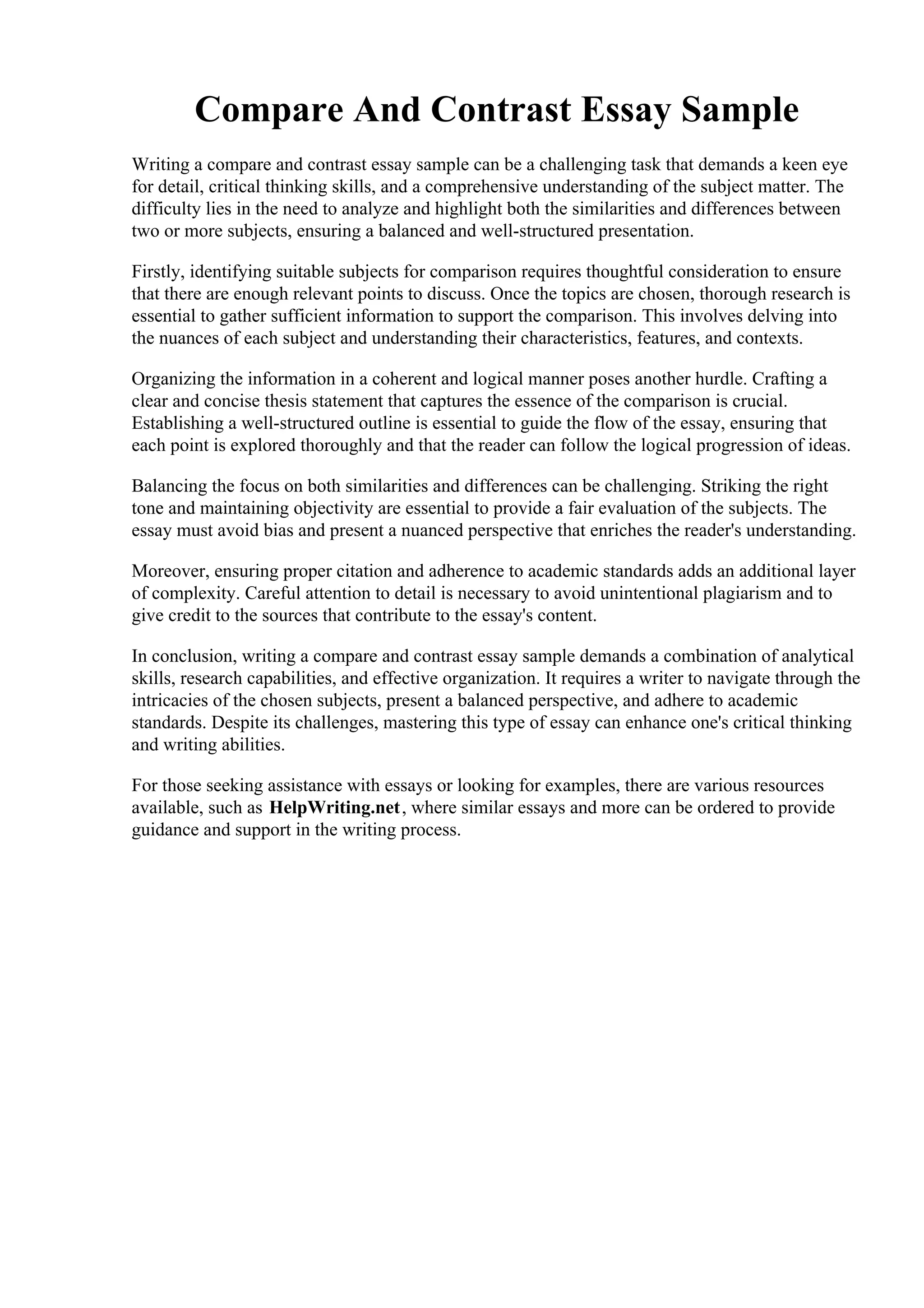 Compare And Contrast Essay Sample. Compare and contrast essay examples ...