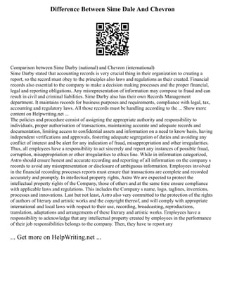 Difference Between Sime Dale And Chevron
Comparison between Sime Darby (national) and Chevron (international)
Sime Darby stated that accounting records is very crucial thing in their organization to creating a
report, so the record must obey to the principles also laws and regulations as their created. Financial
records also essential to the company to make a decision making processes and the proper financial,
legal and reporting obligations. Any misrepresentation of information may compose to fraud and can
result in civil and criminal liabilities. Sime Darby also has their own Records Management
department. It maintains records for business purposes and requirements, compliance with legal, tax,
accounting and regulatory laws. All those records must be handling according to the ... Show more
content on Helpwriting.net ...
The policies and procedure consist of assigning the appropriate authority and responsibility to
individuals, proper authorisation of transactions, maintaining accurate and adequate records and
documentation, limiting access to confidential assets and information on a need to know basis, having
independent verifications and approvals, fostering adequate segregation of duties and avoiding any
conflict of interest and be alert for any indication of fraud, misappropriation and other irregularities.
Thus, all employees have a responsibility to act sincerely and report any instances of possible fraud,
corruption, misappropriation or other irregularities to ethics line. While in information categorized,
Astro should ensure honest and accurate recording and reporting of all information on the company s
records to avoid any misrepresentation or disclosure of ambiguous information. Employees involved
in the financial recording processes reports must ensure that transactions are complete and recorded
accurately and promptly. In intellectual property rights, Astro We are expected to protect the
intellectual property rights of the Company, those of others and at the same time ensure compliance
with applicable laws and regulations. This includes the Company s name, logo, taglines, inventions,
processes and innovations. Last but not least, Astro also very committed to the protection of the rights
of authors of literary and artistic works and the copyright thereof, and will comply with appropriate
international and local laws with respect to their use, recording, broadcasting, reproductions,
translation, adaptations and arrangements of these literary and artistic works. Employees have a
responsibility to acknowledge that any intellectual property created by employees in the performance
of their job responsibilities belongs to the company. Then, they have to report any
... Get more on HelpWriting.net ...
 