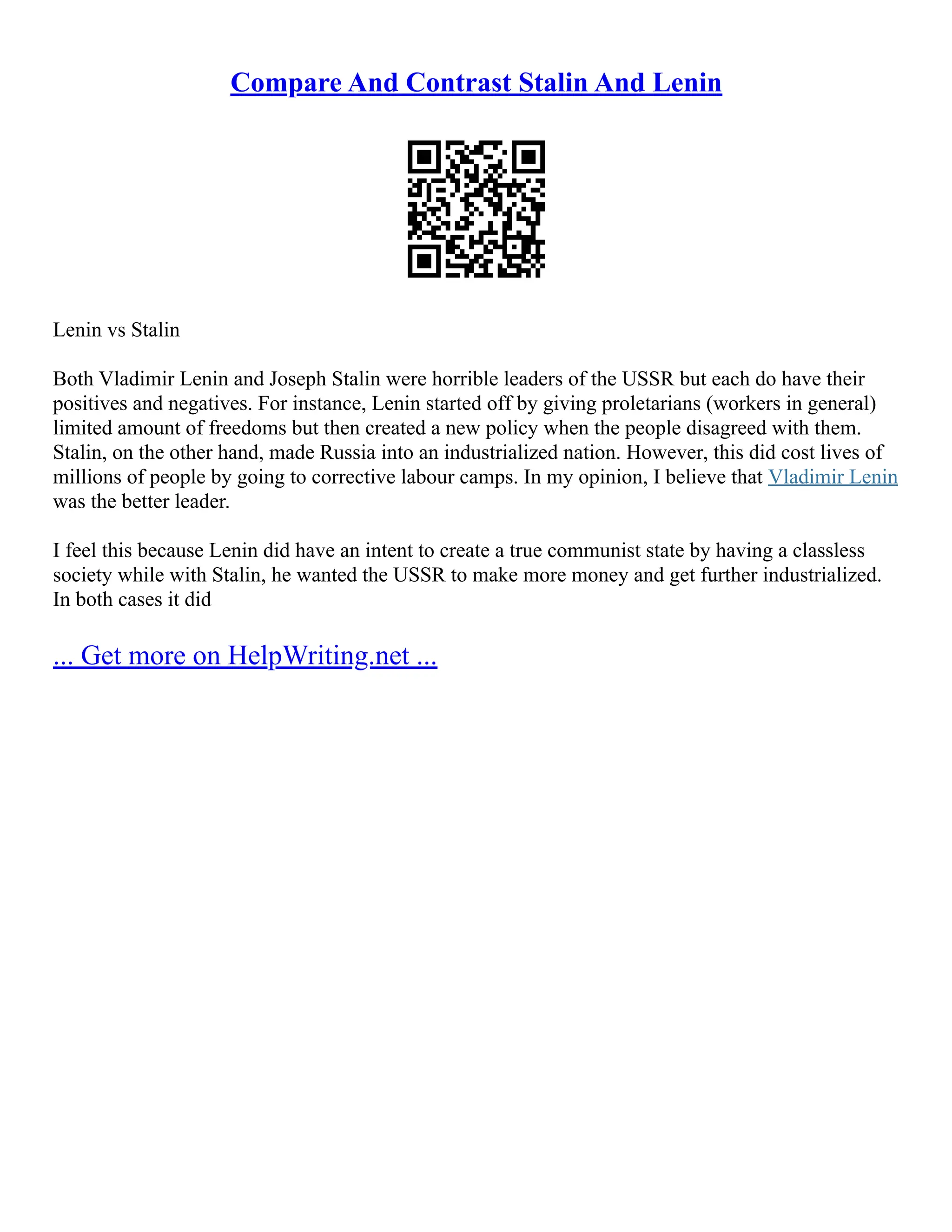 Compare And Contrast Lenin And Stalin | PDF