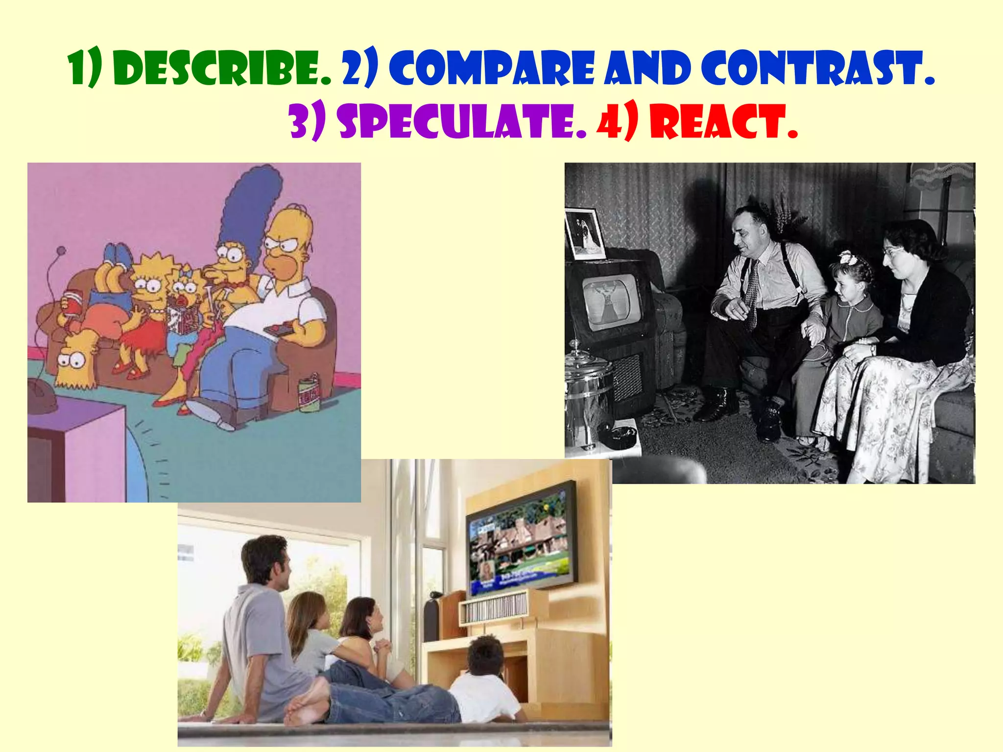 Speculate about the situationWhat language do we use?Use may / might / could / must /  can’t be...He seems to / appears to be...Make some sentences1) Describe. 2) Compare and contrast. 3) Speculate.4) React.