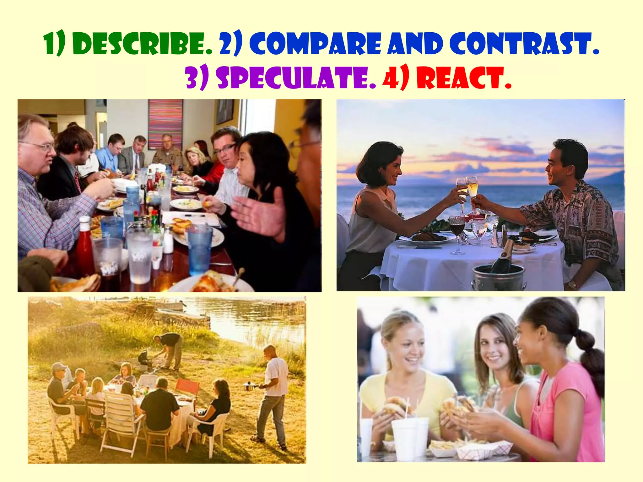 1) Describe. 2) Compare and contrast. 3) Speculate.4) React.