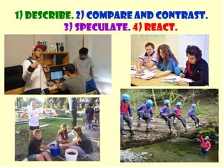 1) Describe. 2) Compare and contrast. 3) Speculate.4) React.<br />