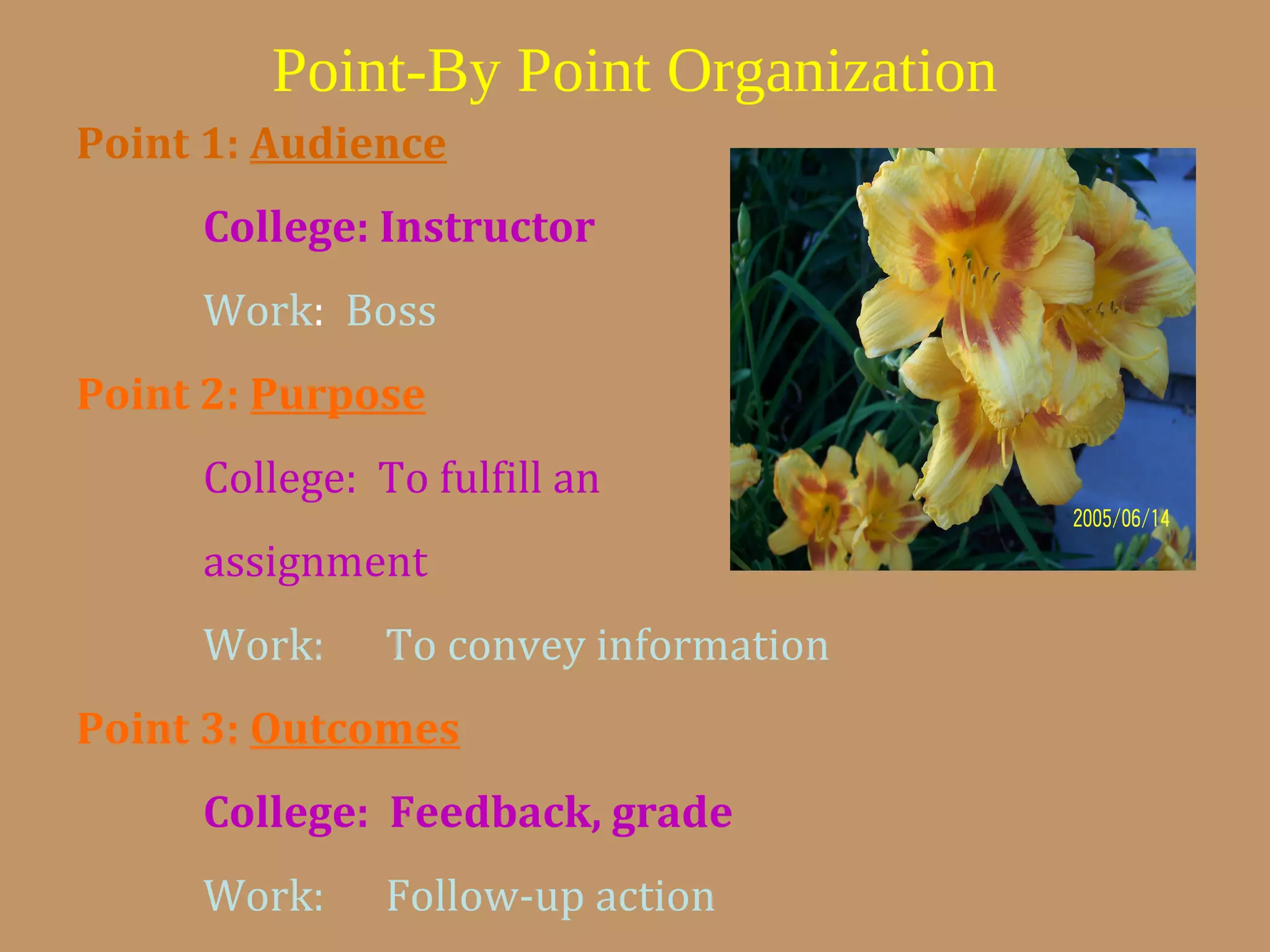 Point-By Point Organization
Point 1: Audience
College: Instructor
Work: Boss
Point 2: Purpose
College: To fulfill an
assignment
Work: To convey information
Point 3: Outcomes
College: Feedback, grade
Work: Follow-up action
 