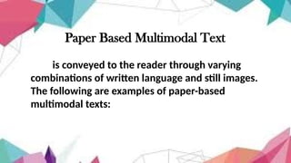 Paper Based Multimodal Text
is conveyed to the reader through varying
combinations of written language and still images.
The following are examples of paper-based
multimodal texts:
 
