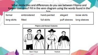 What similarities and differences do you see between Filipino and
Korean costumes? Fill in the venn diagram using the words found in the
box.
 