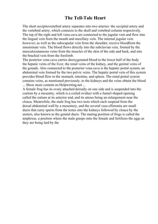 The Tell-Tale Heart
The short occipitovertebral artery separates into two arteries: the occipital artery and
the vertebral artery, which connects to the skull and vertebral column respectively.
The top of the right and left vena cava are connected to the jugular vein and flow into
the lingual vein from the mouth and maxillary vein. The internal jugular vein
however; as well as the subscapular vein from the shoulder, receive bloodfrom the
innominate vein. The blood flows directly into the subclavian vein, formed by the
musculocutaneous veins from the muscles of the skin of the side and back, and into
the brachial vein from the forelimb.
The posterior vena cava carries deoxygenated blood to the lower half of the body
the hepatic veins of the liver, the renal veins of the kidney, and the genital veins of
the gonads. Also connected to the posterior vena cava is the hepatic portal system, an
abdominal vein formed by the two pelvic veins. The hepatic portal vein of this system
provides blood flow to the stomach, intestine, and spleen. The renal portal system
contains veins, as mentioned previously, to the kidneys and the veins obtain the blood
... Show more content on Helpwriting.net ...
A female frog has its ovary attached dorsally on one side and is suspended into the
coelom by a mesentry, which is a coiled oviduct with a funnel shaped opening
called the ostium at its anterior end, and its uterus being an enlargement near the
cloaca. Meanwhile, the male frog has two tests which each suspend from the
dorsal abdominal wall by a mesentery, and the several vasa efferentia are small
ducts that carry sperm from the testes into the kidneys followed by cloaca by the
ureters, also known as the genital ducts. The mating position of frogs is called the
amplexus, a position where the male grasps onto the female and fertilizes the eggs as
they are being laid by the
 