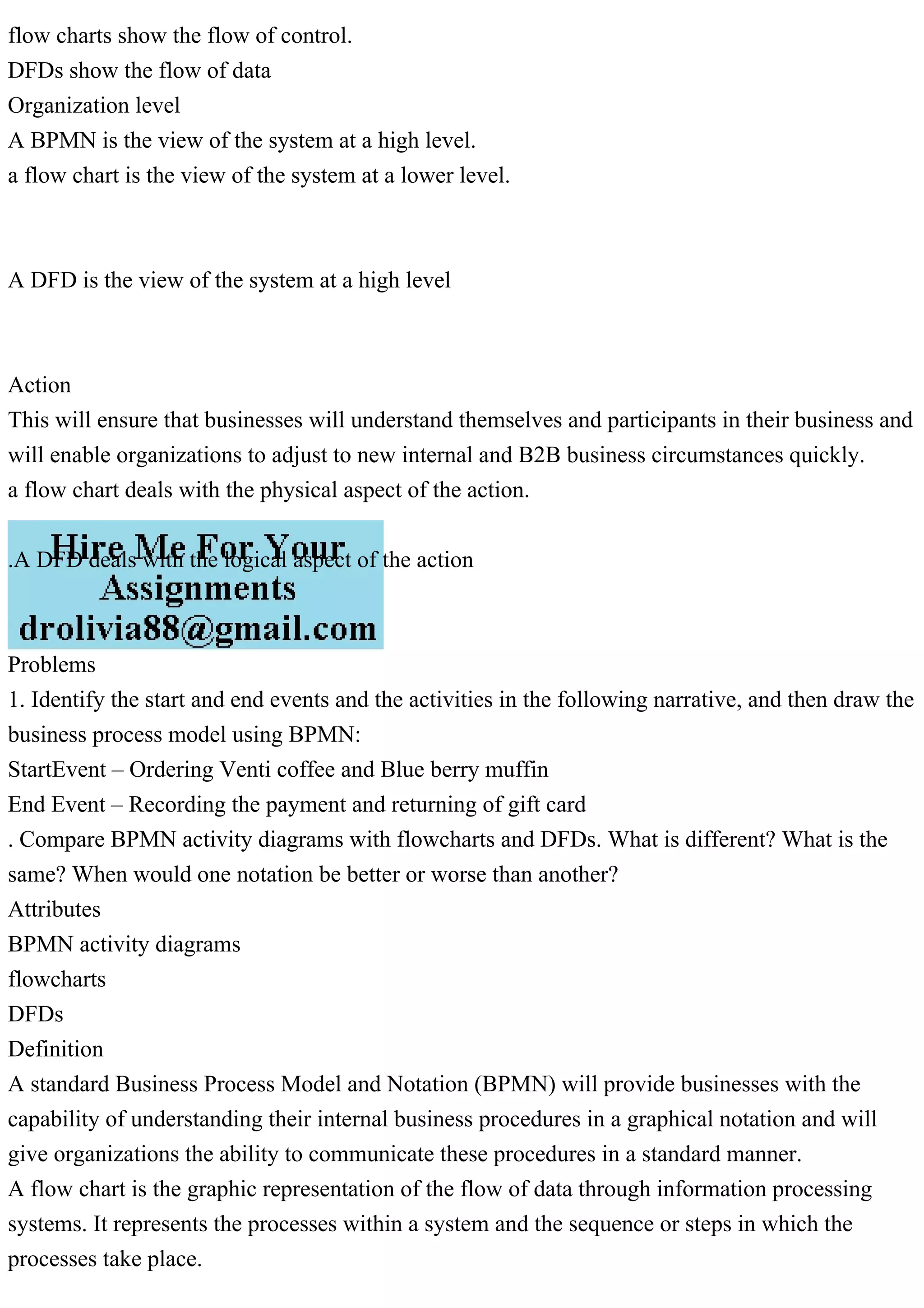 Compare BPMN activity diagrams with flowcharts and DFDs. What is dif.pdf