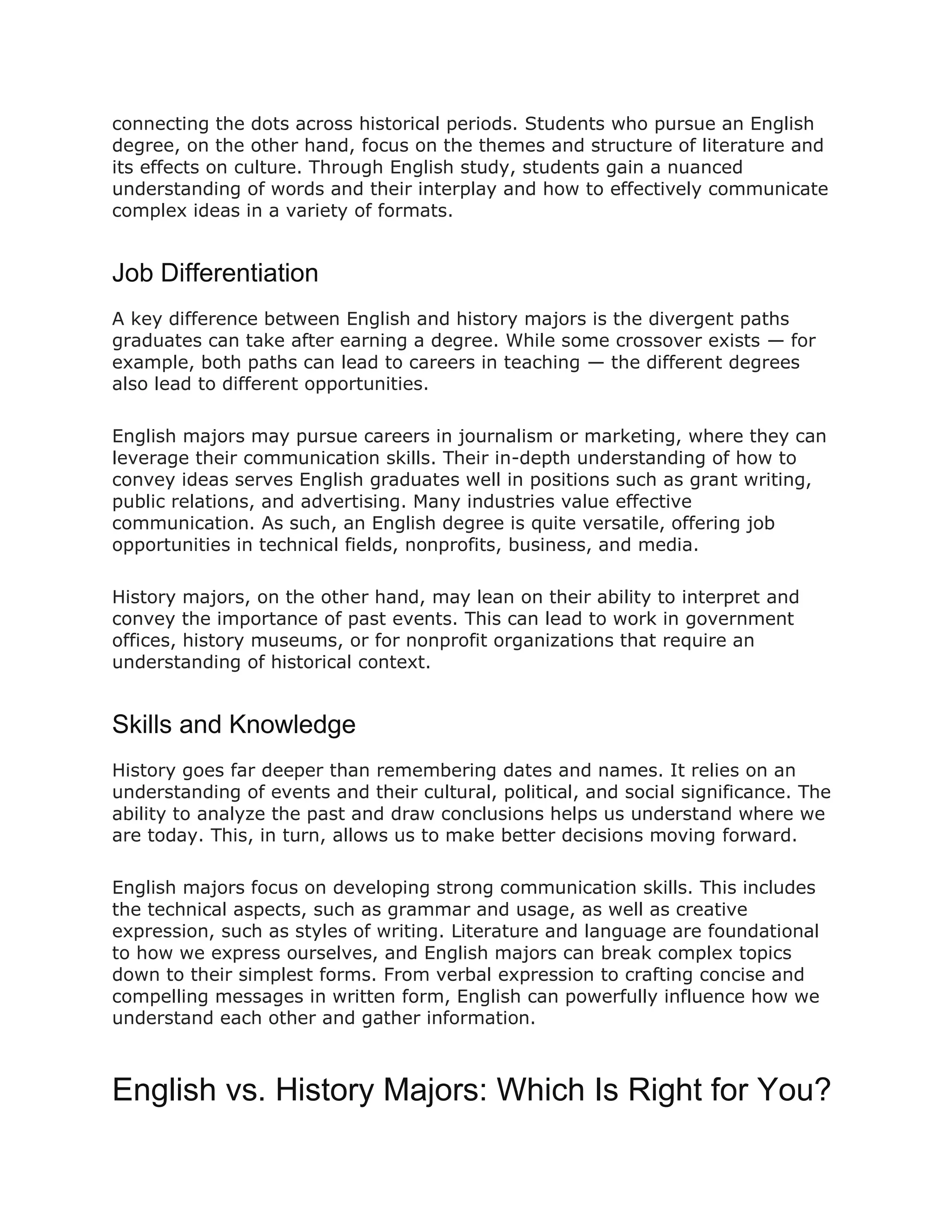 Compare & Contrast English Major vs History Major | PDF