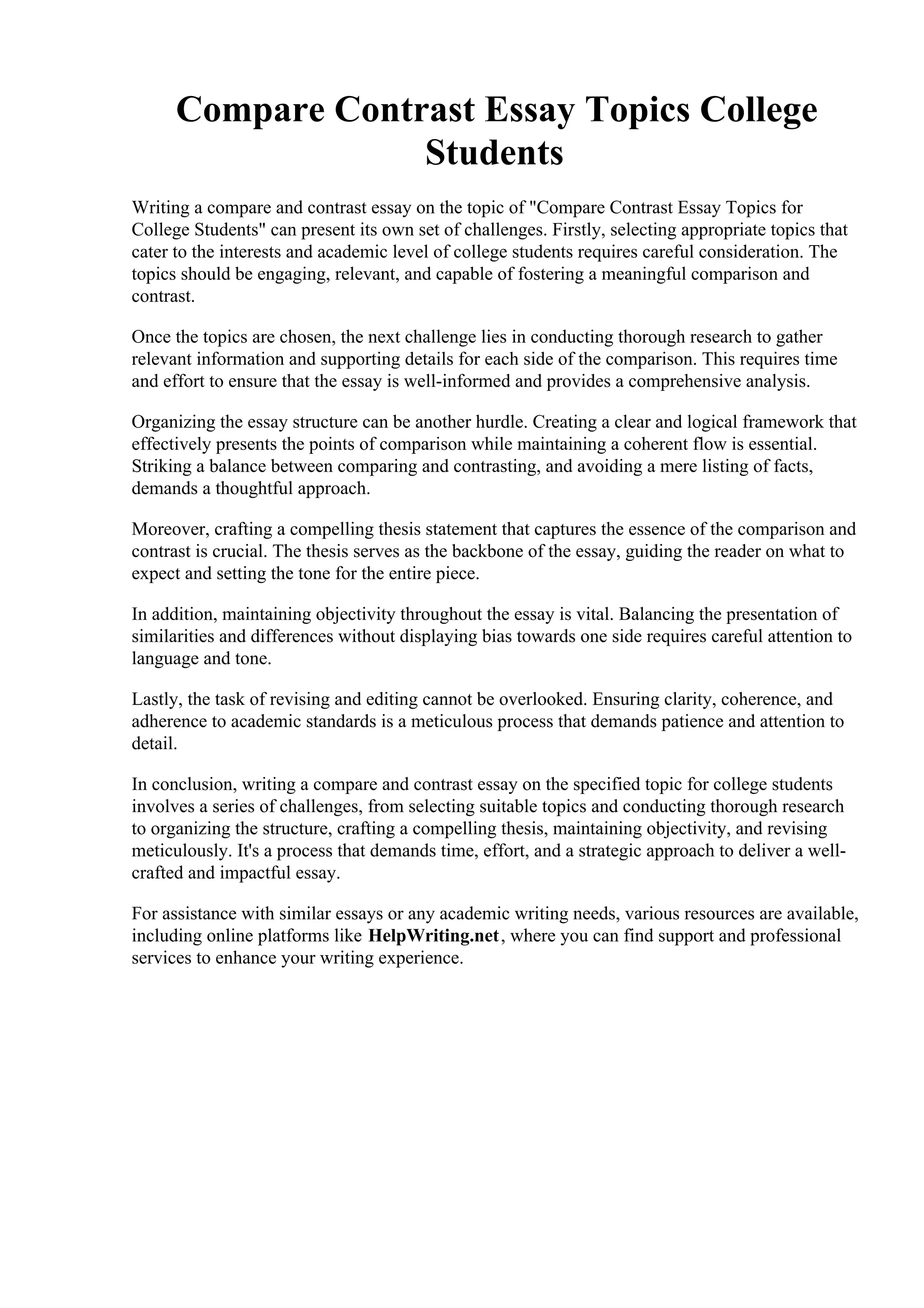 Compare Contrast Essay Topics College Students | PDF