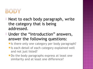    Next to each body paragraph, write
    the category that is being
    addressed.
   Under the “Introduction” answers,
    answer the following questions:
     Is there only one category per body paragraph?
     Is each detail of each category explained well
      and not just listed?
     Do the body paragraphs express at least one
      similarity and at least one difference?
 