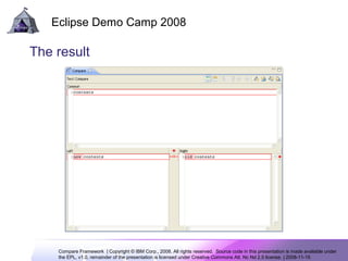 Compare Framework | Copyright © IBM Corp., 2008. All rights reserved. Source code in this presentation is made available under
the EPL, v1.0, remainder of the presentation is licensed under Creative Commons Att. Nc Nd 2.5 license. | 2008-11-15
Eclipse Demo Camp 2008
9
The result
 