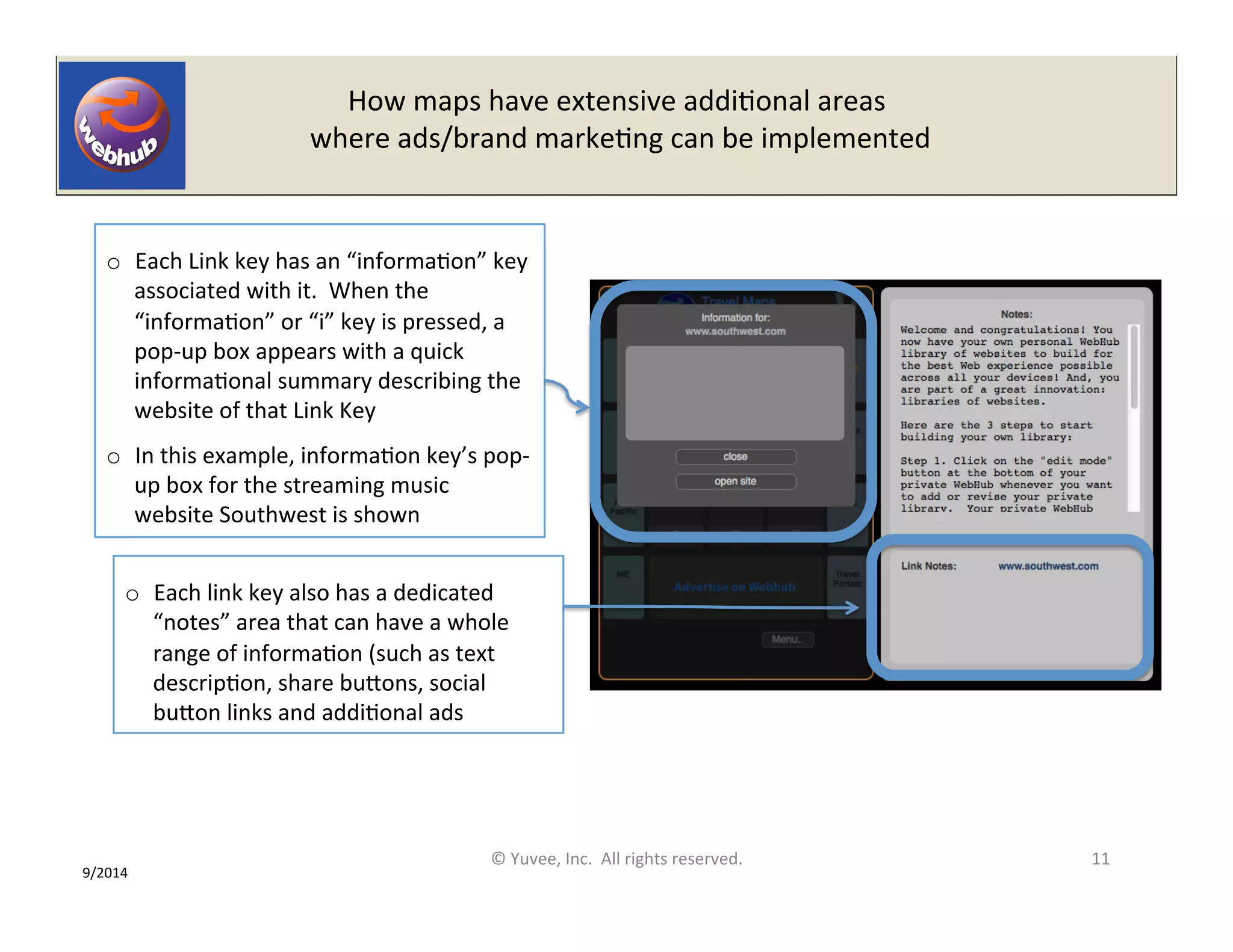 How 
maps 
have 
extensive 
addiOonal 
areas 
where 
ads/brand 
markeOng 
can 
be 
implemented 
o Each 
Link 
key 
has 
an 
“informaOon” 
key 
associated 
with 
it. 
When 
the 
“informaOon” 
or 
“i” 
key 
is 
pressed, 
a 
pop-­‐up 
box 
appears 
with 
a 
quick 
informaOonal 
summary 
describing 
the 
website 
of 
that 
Link 
Key 
o In 
this 
example, 
informaOon 
key’s 
pop-­‐ 
up 
box 
for 
the 
streaming 
music 
website 
Southwest 
is 
shown 
o Each 
link 
key 
also 
has 
a 
dedicated 
“notes” 
area 
that 
can 
have 
a 
whole 
range 
of 
informaOon 
(such 
as 
text 
descripOon, 
share 
buQons, 
social 
buQon 
links 
and 
addiOonal 
ads 
© 
Yuvee, 
Inc. 
All 
rights 
reserved. 
11 
9/2014 
 