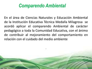 Comparendo Ambiental
En el área de Ciencias Naturales y Educación Ambiental
de la Institución Educativa Técnica Medalla Milagrosa se
acordó aplicar el comparendo Ambiental de carácter
pedagógico a toda la Comunidad Educativa, con el ánimo
de contribuir al mejoramiento del comportamiento en
relación con el cuidado del medio ambiente
.
 