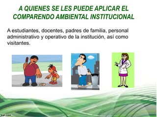 A estudiantes, docentes, padres de familia, personal
administrativo y operativo de la institución, así como
visitantes.
A QUIENES SE LES PUEDE APLICAR EL
COMPARENDO AMBIENTAL INSTITUCIONAL
 