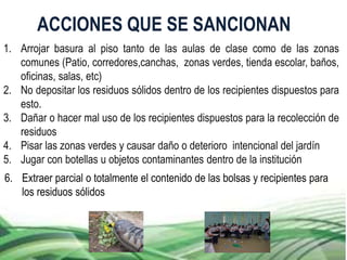 1. Arrojar basura al piso tanto de las aulas de clase como de las zonas
comunes (Patio, corredores,canchas, zonas verdes, tienda escolar, baños,
oficinas, salas, etc)
2. No depositar los residuos sólidos dentro de los recipientes dispuestos para
esto.
3. Dañar o hacer mal uso de los recipientes dispuestos para la recolección de
residuos
4. Pisar las zonas verdes y causar daño o deterioro intencional del jardín
5. Jugar con botellas u objetos contaminantes dentro de la institución
ACCIONES QUE SE SANCIONAN
6. Extraer parcial o totalmente el contenido de las bolsas y recipientes para
los residuos sólidos
 