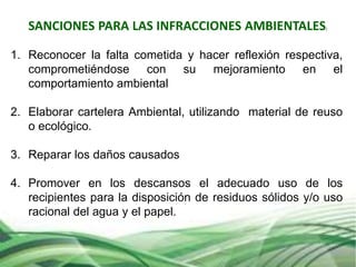 SANCIONES PARA LAS INFRACCIONES AMBIENTALES:
1. Reconocer la falta cometida y hacer reflexión respectiva,
comprometiéndose con su mejoramiento en el
comportamiento ambiental
2. Elaborar cartelera Ambiental, utilizando material de reuso
o ecológico.
3. Reparar los daños causados
4. Promover en los descansos el adecuado uso de los
recipientes para la disposición de residuos sólidos y/o uso
racional del agua y el papel.
 