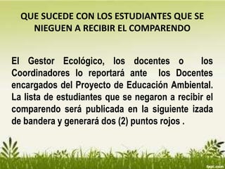 QUE SUCEDE CON LOS ESTUDIANTES QUE SE
NIEGUEN A RECIBIR EL COMPARENDO
El Gestor Ecológico, los docentes o los
Coordinadores lo reportará ante los Docentes
encargados del Proyecto de Educación Ambiental.
La lista de estudiantes que se negaron a recibir el
comparendo será publicada en la siguiente izada
de bandera y generará dos (2) puntos rojos .
 