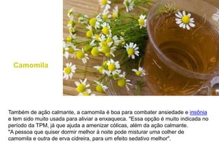 CamomilaTambém de ação calmante, a camomila é boa para combater ansiedade e insônia e tem sido muito usada para aliviar a enxaqueca. "Essa opção é muito indicada no período da TPM, já que ajuda a amenizar cólicas, além da ação calmante."A pessoa que quiser dormir melhor à noite pode misturar uma colher de camomila e outra de erva cidreira, para um efeito sedativo melhor".  