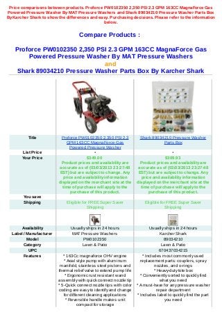 Price comparisons between products. Proforce PW0102350 2,350 PSI 2.3 GPM 163CC MagnaForce Gas
Powered Pressure Washer By MAT Pressure Washers and Shark 89034210 Pressure Washer Parts Box
By Karcher Shark to show the differences and easy. Purchasing decisions. Please refer to the information
                                               below.


                                    Compare Products :

    Proforce PW0102350 2,350 PSI 2.3 GPM 163CC MagnaForce Gas
        Powered Pressure Washer By MAT Pressure Washers
                               and
    Shark 89034210 Pressure Washer Parts Box By Karcher Shark




          Title            Proforce PW0102350 2,350 PSI 2.3          Shark 89034210 Pressure Washer
                             GPM 163CC MagnaForce Gas                           Parts Box
                               Powered Pressure Washer
       List Price
       Your Price                        $349.00                                   $309.93
                            Product prices and availability are       Product prices and availability are
                          accurate as of (03/03/2013 23:27:48        accurate as of (03/03/2013 23:27:48
                           EST) but are subject to change. Any       EST) but are subject to change. Any
                             price and availability information       price and availability information
                          displayed on the merchant site at the     displayed on the merchant site at the
                            time of purchase will apply to the        time of purchase will apply to the
                                 purchase of this product.                purchase of this product.
        You save
        Shipping              Eligible for FREE Super Saver             Eligible for FREE Super Saver
                                          Shipping                                  Shipping




      Availability              Usually ships in 24 hours                    Usually ships in 24 hours
  Label / Manufacturer           MAT Pressure Washers                               Karcher Shark
          Model                       PW0102350                                      89034210
        Category                     Lawn & Patio                                   Lawn & Patio
           UPC                                                                     670437034215
        Features            * 163Cc magnaforce OHV engine                * Includes most commonly used
                            * Axial style pump with aluminum           replacement parts: couplers, spray
                          manifold, stainless steel pistons and                 nozzles, and o-rings
                         thermal relief valve to extend pump life               * Heavy-duty tote box
                             * Ergonomic rust resistant wand           * Conveniently sorted to quickly find
                         assembly with quick connect nozzle tip                     what you need
                         * 5-Quick connect nozzle tips with color   * A must-have for any pressure washer
                         coding are easy to identify and change                   repair department
                            for different cleaning applications      * Includes label to quickly find the part
                             * Reversible handle makes unit                           you need
                                    compact for storage
 