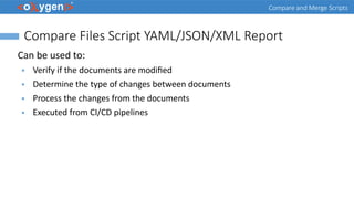 Compare and Merge Scripts
Compare Files Script YAML/JSON/XML Report
Can be used to:
● Verify if the documents are modified
● Determine the type of changes between documents
● Process the changes from the documents
● Executed from CI/CD pipelines
 