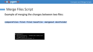 Compare and Merge Scripts
Merge Files Script
Example of merging the changes between two files:
compareFiles file1 file2 baseFile -mergeout destFolder
 