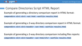 Compare and Merge Scripts
Compare Directories Script HTML Report
Example of generating a directory comparison report in HTML format:
compareDirs dir1 dir2 -out html -outfile results.html
Example of generating a 3-way directory comparison report in HTML format:
compareDirs dir1 dir2 baseDir -out html -outfile results.html
Example of generating a 3-way directory comparison including files reports:
compareDirs dir1 dir2 baseDir -out html/ifcr -outfile results.html
 