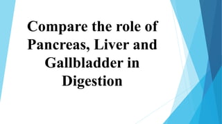 Compare the role of
Pancreas, Liver and
Gallbladder in
Digestion
 