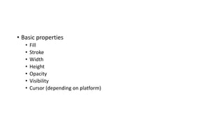 • Basic properties
• Fill
• Stroke
• Width
• Height
• Opacity
• Visibility
• Cursor (depending on platform)
 