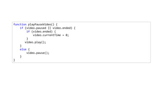 function playPauseVideo() {
if (video.paused || video.ended) {
if (video.ended) {
video.currentTime = 0;
}
video.play();
}
else {
video.pause();
}
}
 